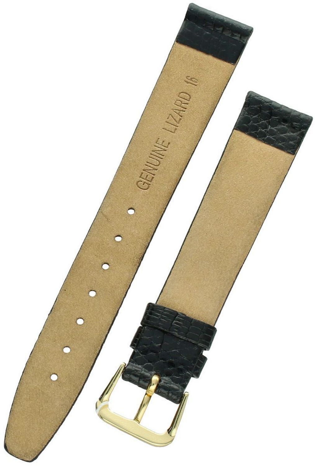 Elegancki pasek do zegarka z wysokiej jakości skóry jaszczurki, model 01766150-1-16, szerokość mocowania 16 mm, długość 85112 mm, sprzączka w kolorze złotym. Idealny do zegarków klasy premium.1.jpg